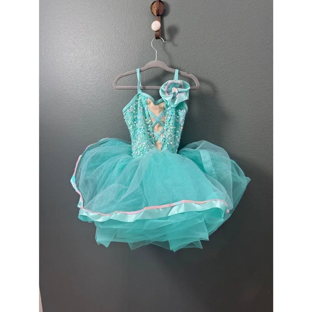 Turquoise Sequin Tulle Dance Dress Gracie Childs Small 5-7 Y
